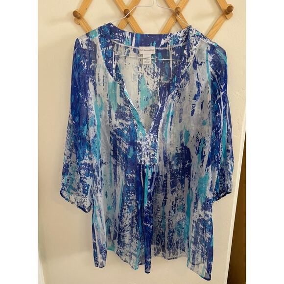 Soft Surroundings Top Women's Large 100% Silk Blue Tunic Blouse V Neck Sheer - Picture 2 of 8